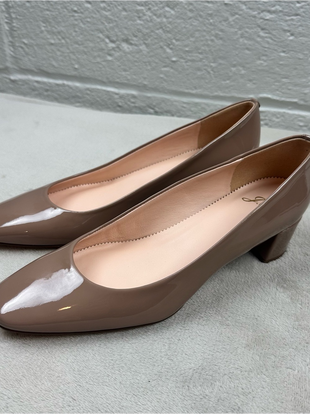 J.Crew Kate Taupe Nude Patent Leather Block Heel Pumps 7.5 Classic Quiet Luxury